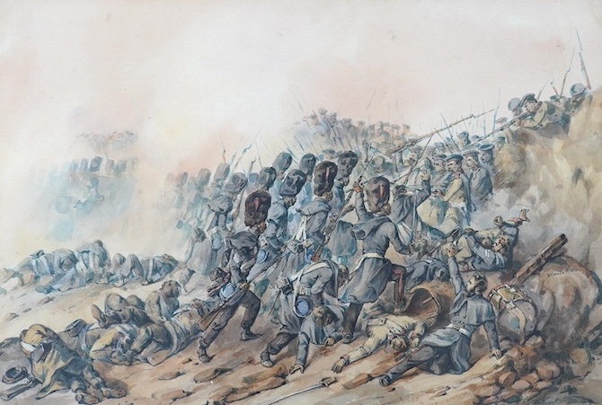 Attributed to Orlando Norie, watercolour, 'The Battle of Inkerman, The Coldstream Guards attacking the Sandbag Battery', signed, inscribed to the mount, 30 x 45cm. Condition - fair